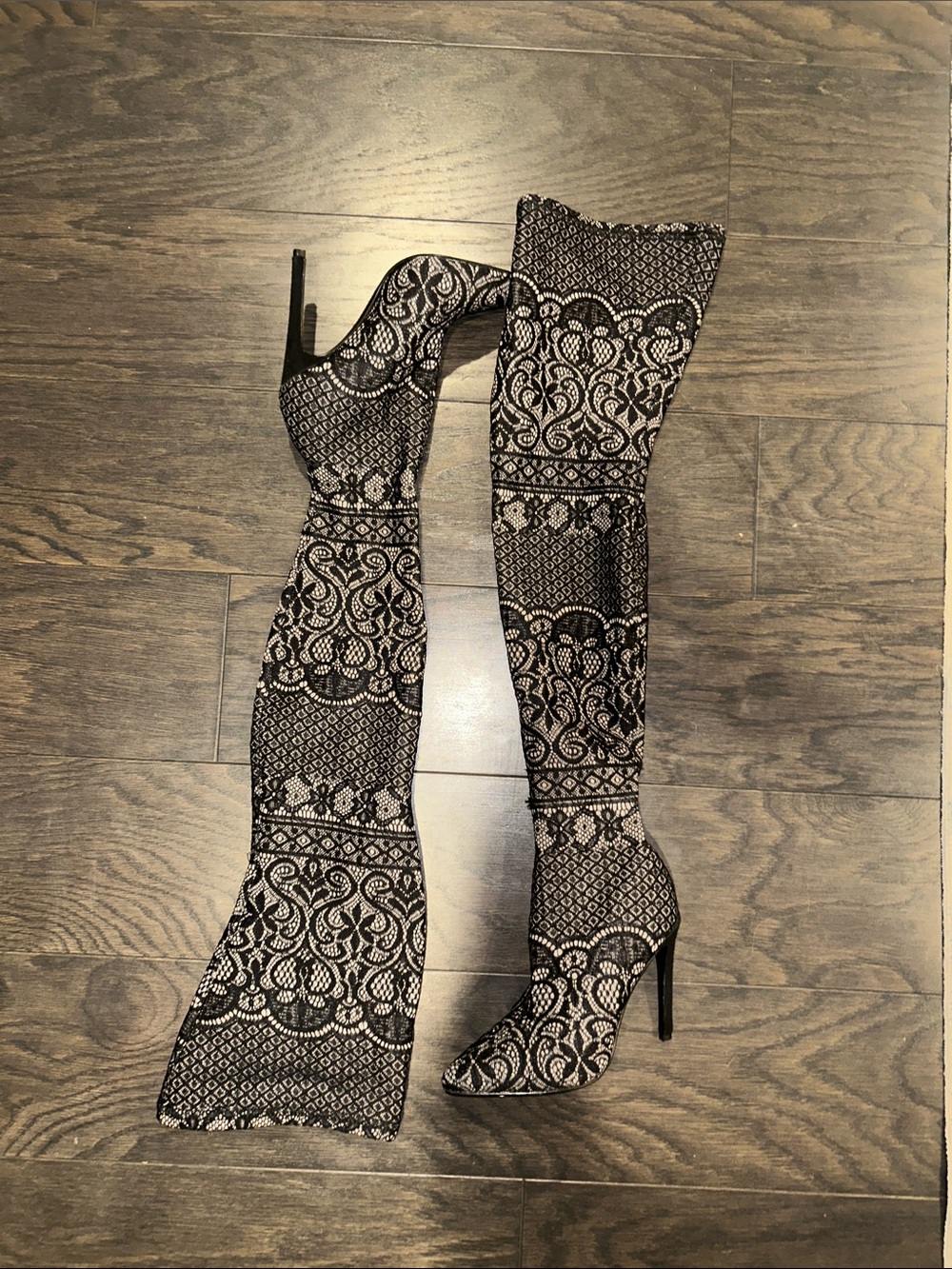 Steve Madden Black and Cream Lace-Pattern Over-the-Knee Stiletto Boots